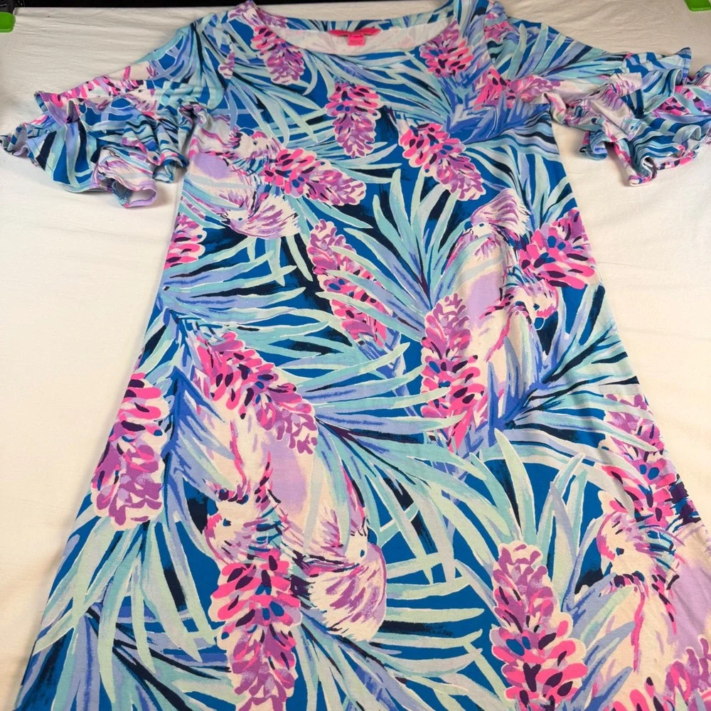 Lilly Pulitzer Dress Womens XS Blue Pink Floral Ruffle Sleeve Resort EUC